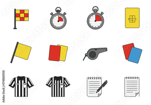 Referee Equipment Icons Representing Sports Officiating Gear and Tools