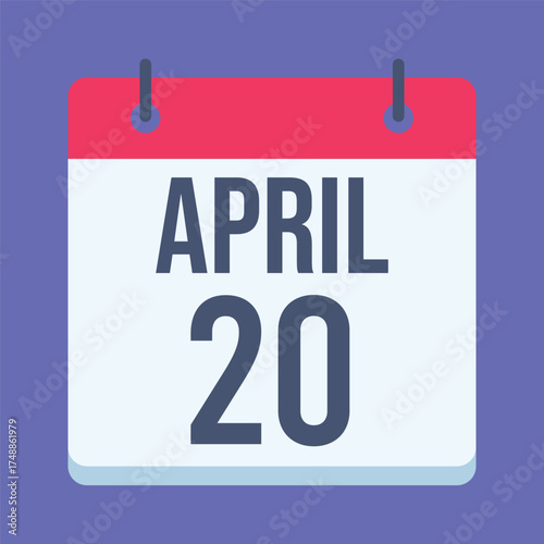20 April Calendar. Blue Background. Isolated Vector Calendar.