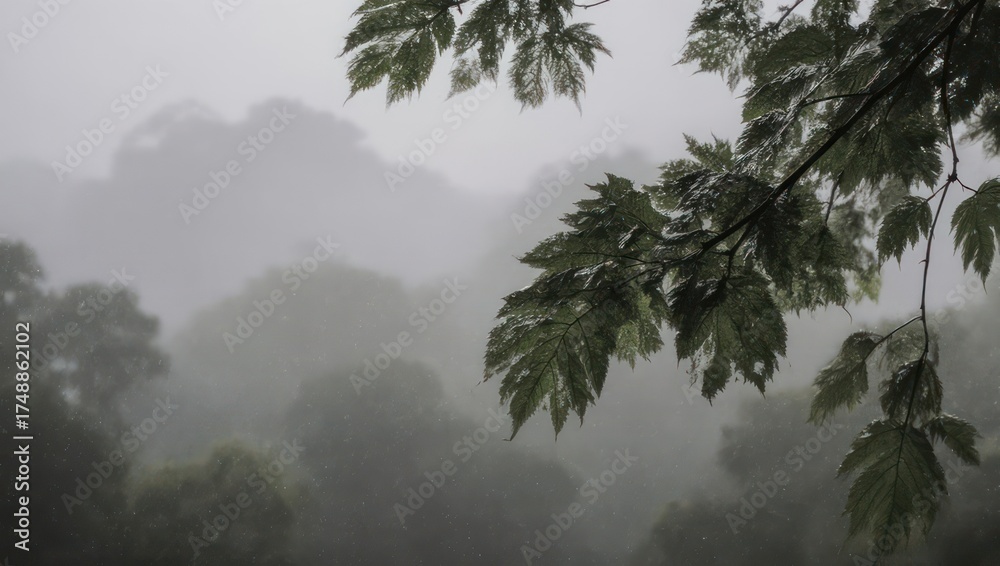 Obraz premium Overcast landscape with tree branches in the foreground and dense, misty foliage in the distance