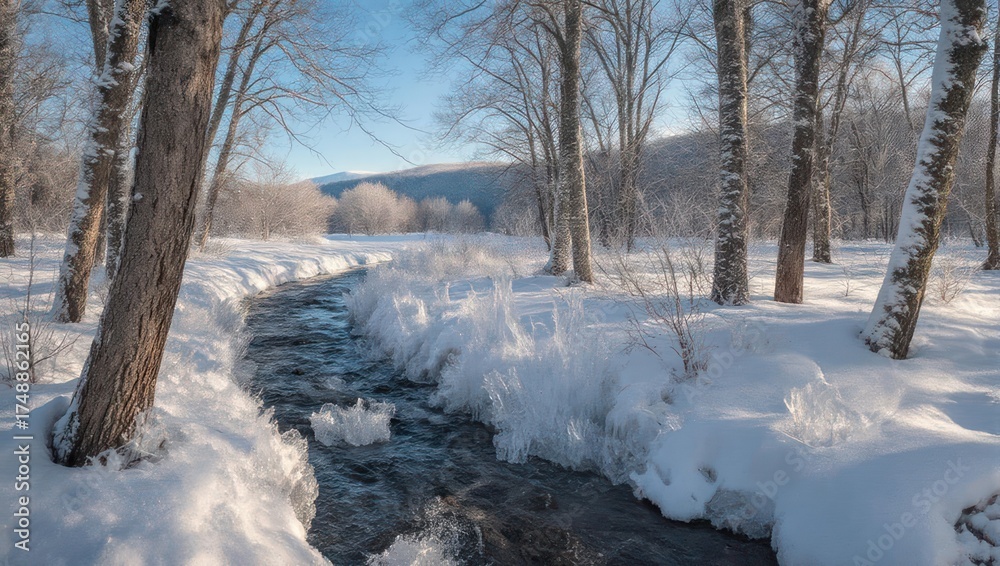Fototapeta premium A serene winter scene with a flowing stream and frost-covered trees. Sunlight bathes the landscape