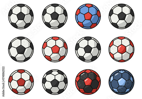 Assorted soccer balls on white background, vector illustration, sports equipment