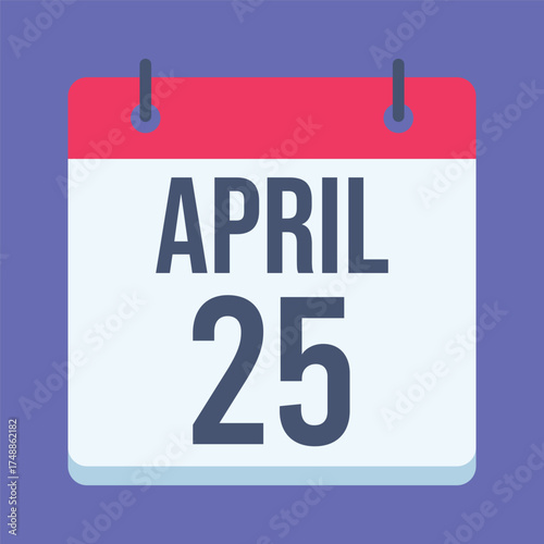 25 April Calendar. Blue Background. Isolated Vector Calendar.