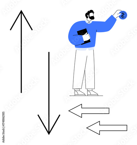 Man holding clipboard and dollar with arrows visualizing upward, downward, and lateral trends. Ideal for business growth, investment, economy, decision making, market analysis, strategy simple flat