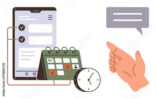 Hand points at task management setup with smartphone checklist, tabletop calendar, clock, and speech bubble. Ideal for productivity, planning, time management, scheduling, teamwork communication