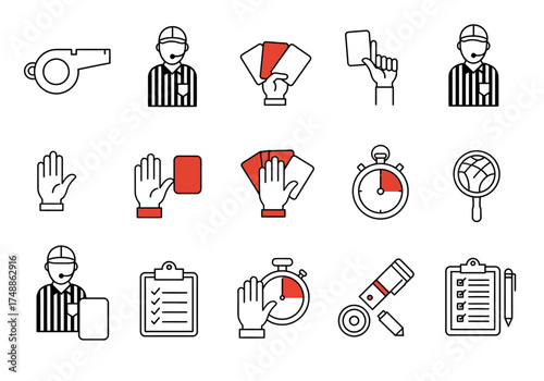 Icons Representing Sports Officiating, Rules, and Equipment Whistle, Cards, Stopwatch, and Clipboard