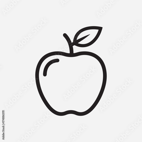 Fresh Apple Icon: Simple line art showcases a crisp, ripe apple, complete with a leaf and stem, against a clean backdrop. This illustration embodies health and freshness.