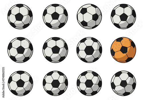 Soccer Balls Arrangement with a Single Yellow Ball Among the White and Black Ones, Unique Sport Concept