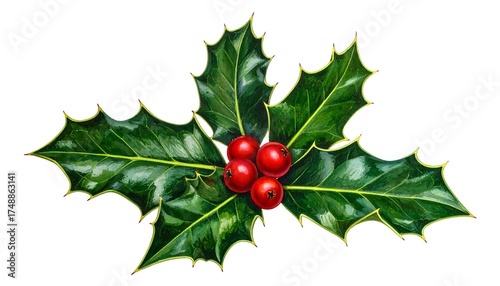 Vibrant holly sprigs with glossy leaves and bright red berries arranged against a pristine white background.