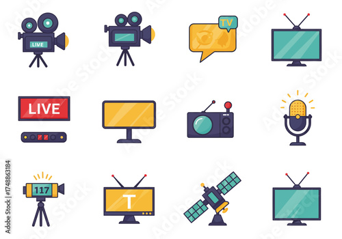 Media and Broadcasting Icons Flat Vector Set for TV, Film, and Radio Communication