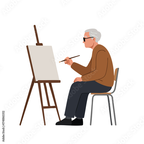 Elderly man painting on canvas at an easel.