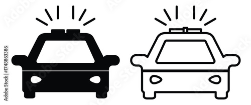 Solid and Outline Police Car Icons with Active Siren Lights for Emergency Services
