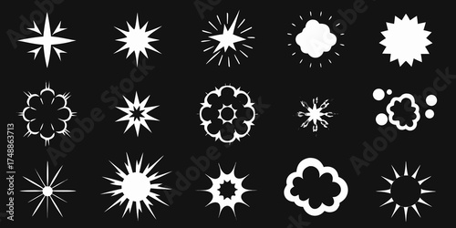 Collection of white starburst and explosion graphics on black background for comic book effects