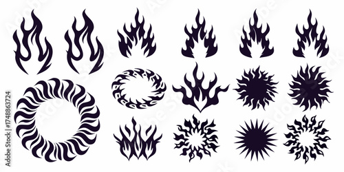 Collection of stylized black tribal flame and sun burst graphic design elements