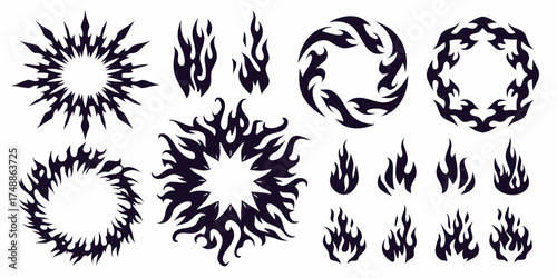 Collection of abstract flame tribal tattoo designs and circular fiery ornaments