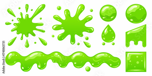 Collection of bright green cartoon slime splashes drops and blobs on white background