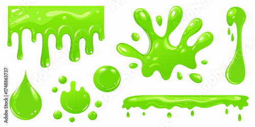 Collection of dripping green slime splatters and blobs on white background