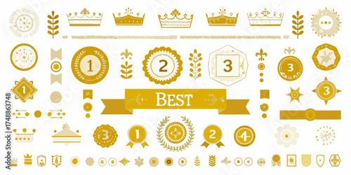 Collection of gold and beige award ribbons medals crowns and ranking icons for best performance