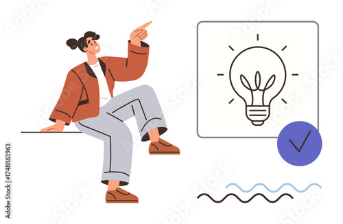 Woman sitting and pointing upwards, next to a glowing lightbulb, checkmark, and wavy lines. Ideal for creativity, innovation, brainstorming, self-confidence, education motivation or success themes