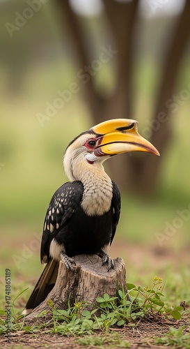 Majestic Great Hornbill Perched on a Stump in Lush Greenery.