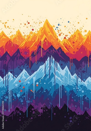Colorful Mountain Range Abstract Landscape Painting with Dripping Paint.