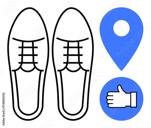 Black outline of shoes, blue location pin, and thumbs-up icon symbolizing navigation, user feedback, and approval. Ideal for travel, fashion, walking, reviews location services branding simple
