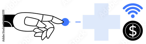 Robotic hand interacting with glowing dot near health cross, wireless signal, and currency circle. Ideal for technology, AI, innovation, healthcare, digital transformation, finance connectivity