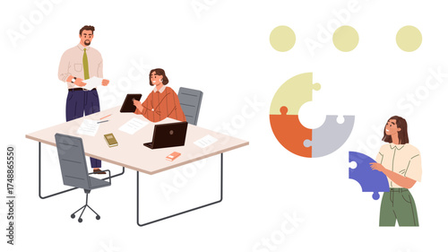 Office colleagues working together at a desk with laptops and charts individual assembling puzzle pieces. Ideal for teamwork, collaboration, leadership, project management, innovation, brainstorming