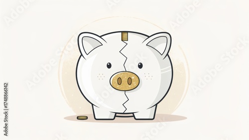 financial freedom independence strategy value concept. Broken piggy bank with a cute design and a coin beside it.