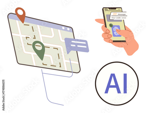 Digital map interface with location markers, hand holding smartphone for code verification, AI icon. Ideal for navigation, security, technology, innovation, communication, location services simple