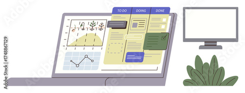 Laptop screen displaying analytics graphs, project tracker, and task progress board. Adjacent desktop monitor and potted plant. Ideal for project management, productivity, analytics, workflow, remote