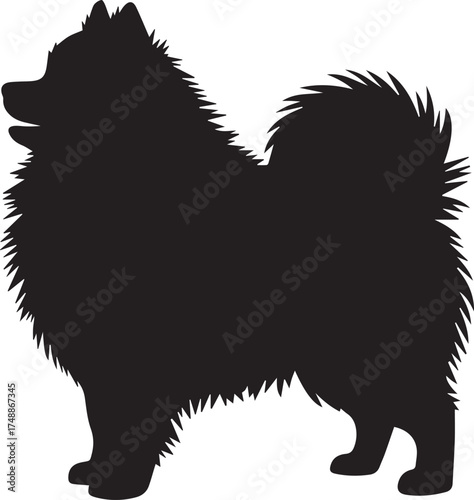 Fluffy Dog Silhouette Vector, Black Pomeranian or Spitz Dog Outline Illustration