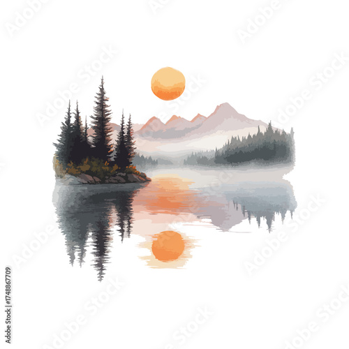 misty lake at sunrise hand drawn illustration