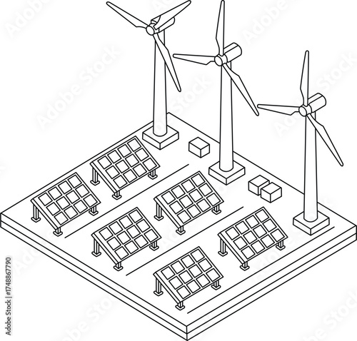 Renewable energy farm featuring wind turbines and solar panels producing clean power vector