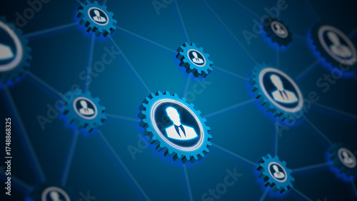 Connected user icons inside gears forming a digital business network symbolizing collaboration, teamwork, and technology integration