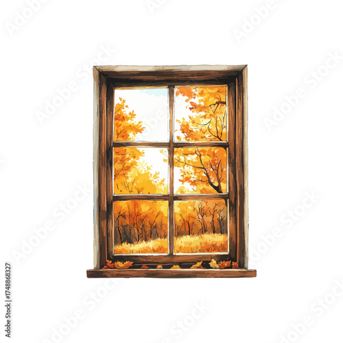window with autumn view hand drawn illustration