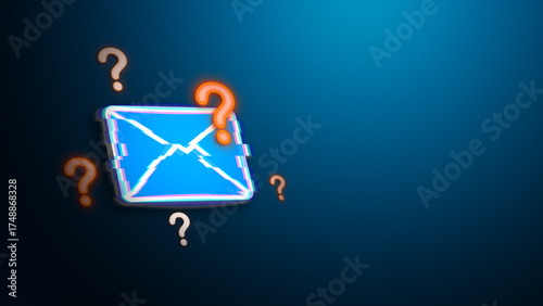 Glitch email icon with question marks representing virus threat spam alert notification and cybersecurity issues in digital communication concept