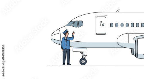 Illustrated Airport Ground Crew Directing Aircraft for Safe Taxiing and Departure. Suitable for educational content, travel brochures, or aviation industry presentations.