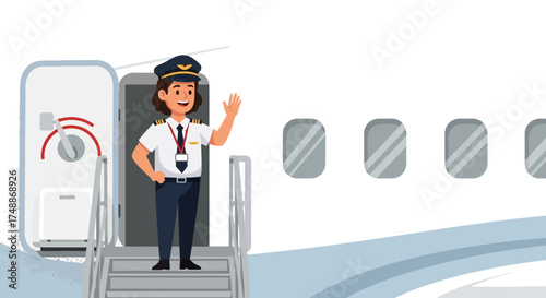 Smiling Female Pilot Welcoming Passengers Aboard Aircraft, Perfect for Promoting Airline Services, Aviation Careers, and Travel Safety Education