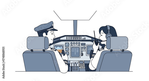 Illustration of Two Pilots in a Cockpit Preparing for Takeoff, Suitable for Aviation Training Materials and Airport Safety Awareness Campaigns