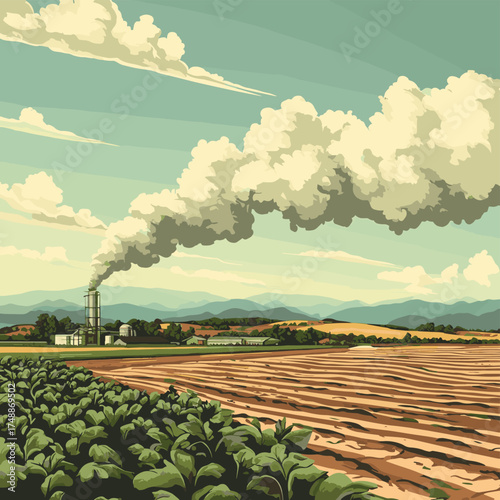 Barren farmland suffering from toxic chemical spraying. , vector style simple color