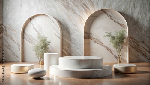 Elegant Marble Display with Arch Design and Minimalist Plant Decor