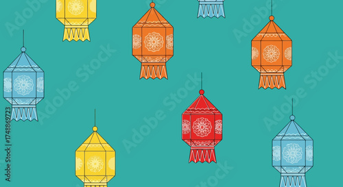 Vibrant Lantern Festival Pattern with Intricate Designs on Teal Background, Suitable for Cultural Celebrations, Festive Decorations, and Event Invitations.