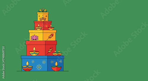 Festive Diwali Gift Box Tower Illustration with Traditional Oil Lamps for Holiday Greetings and Celebrations, ideal for greeting cards, social media posts, and event invitations.