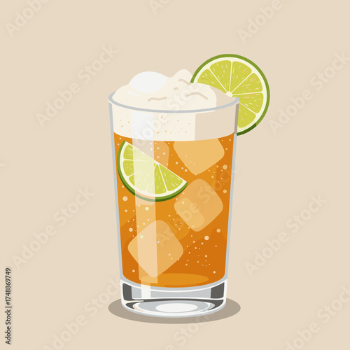 Glass of ginger beer with lime and ice, refreshing summer drink for bar menu and beverage design
