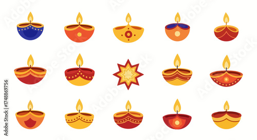 Festive Diwali Lamps Collection on White Background, Ideal for Greeting Cards, Invitations, and Cultural Celebrations Designs