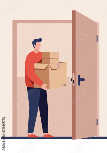 Man holding moving boxes at open door, flat vector illustration for relocation, delivery and home transition theme
