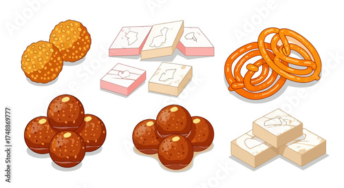 Illustration of Diverse Indian Sweets for Festive Occasions and Cultural Celebrations, Ideal for Food Blogs and Culinary Art Projects