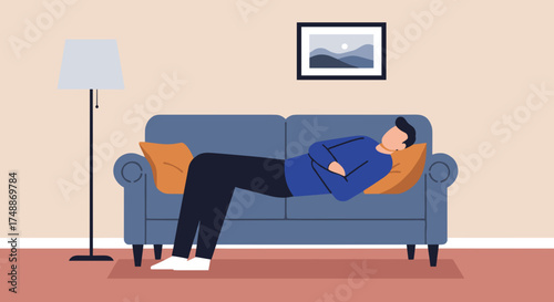 Man sleeping on couch at home, calm interior scene showing rest, comfort and relaxation after work