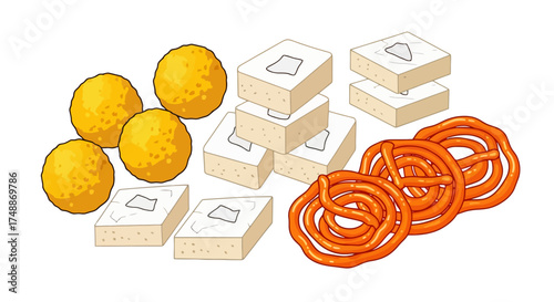 Festive Indian Sweets Assortment Featuring Laddu, Barfi, and Jalebi for Cultural Celebrations and Culinary Illustrations