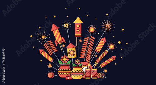 Festive Diwali Celebration Illustration Featuring Firecrackers, Earthen Lamps, and Decorative Elements for Cultural Events and Holiday Greetings